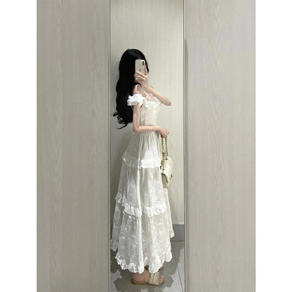 Vintage A line Square Neck White Lace Long Summer 18th Birthday Dress Party Dress Birthday Outfits Evening Dresses DH2408