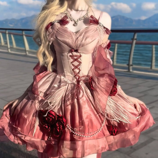 Vintage Ball Gown Spaghetti Straps Chiffon Summer 18th Birthday Dress High Low Ombre Red Lolita Dress Birthday Outfits DH2410