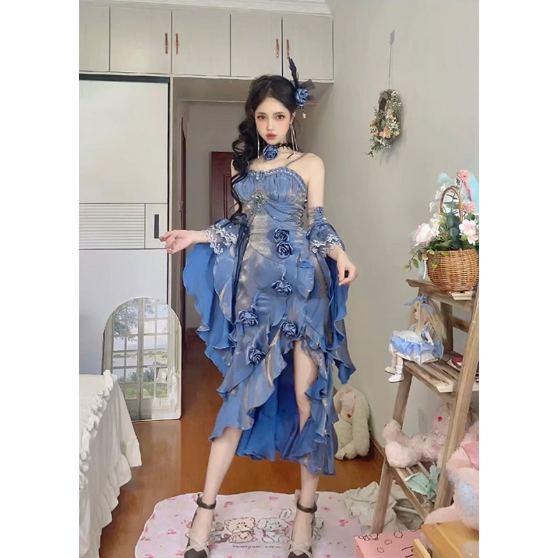 Vintage Mermaid Spaghetti Straps Blue Long Summer 19th Birthday Dress Lolita Dresses Birthday Outfits DH2413