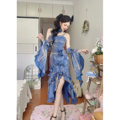 Vintage Mermaid Spaghetti Straps Blue Long Summer 19th Birthday Dress Lolita Dresses Birthday Outfits DH2413