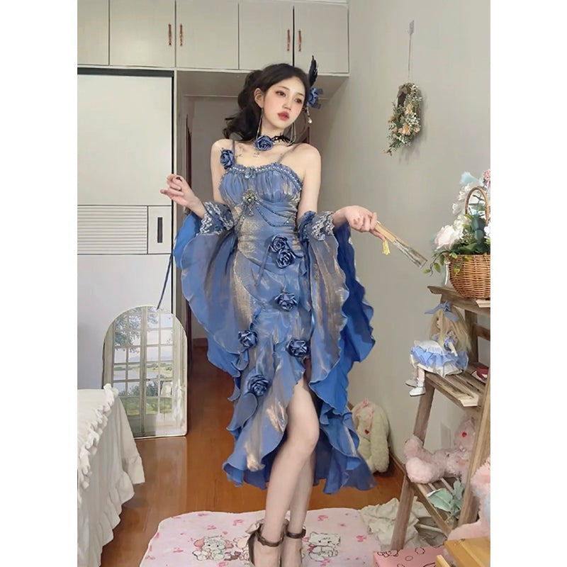Vintage Mermaid Spaghetti Straps Blue Long Summer 19th Birthday Dress Lolita Dresses Birthday Outfits DH2413