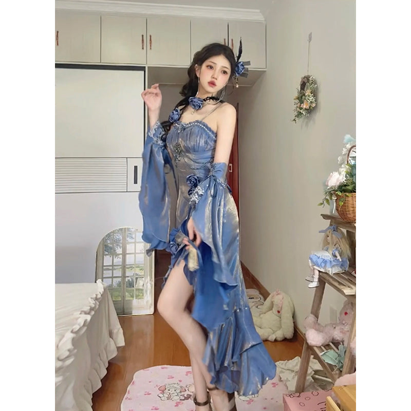 Vintage Mermaid Spaghetti Straps Blue Long Summer 19th Birthday Dress Lolita Dresses Birthday Outfits DH2413