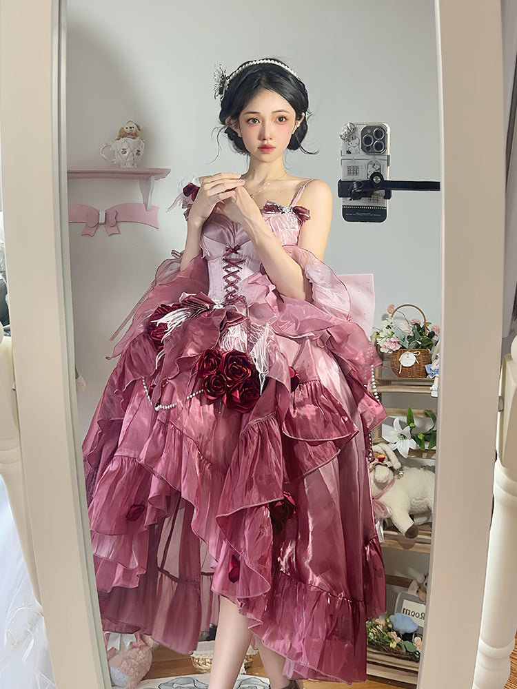 Vintage Ball Gown Spaghetti Straps Chiffon Summer 18th Birthday Dress High Low Ombre Pink Lolita Dress 18th Birthday Outfits DH2416