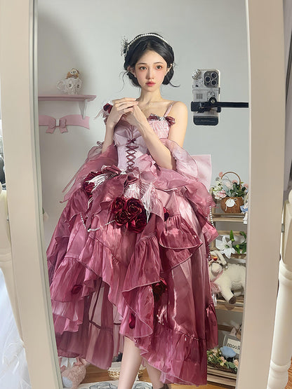 Vintage Ball Gown Spaghetti Straps Chiffon Summer 18th Birthday Dress High Low Ombre Pink Lolita Dress 18th Birthday Outfits DH2416