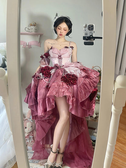 Vintage Ball Gown Spaghetti Straps Chiffon Summer 18th Birthday Dress High Low Ombre Pink Lolita Dress 18th Birthday Outfits DH2416