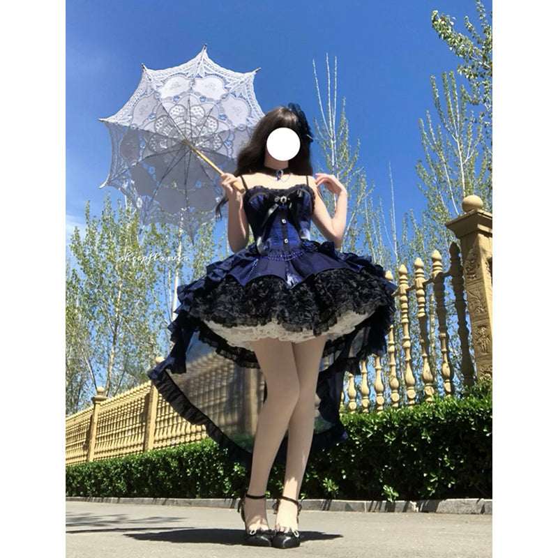Vintage Ball Gown Spaghetti Straps Black And Blue Lace Summer 16th Birthday Dress Lolita Dress Mini 18th Birthday Outfits Short Lolita Outfit DH2421