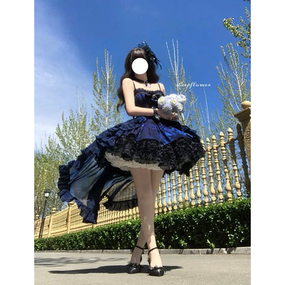 Vintage Ball Gown Spaghetti Straps Black And Blue Lace Summer 16th Birthday Dress Lolita Dress Mini 18th Birthday Outfits Short Lolita Outfit DH2421