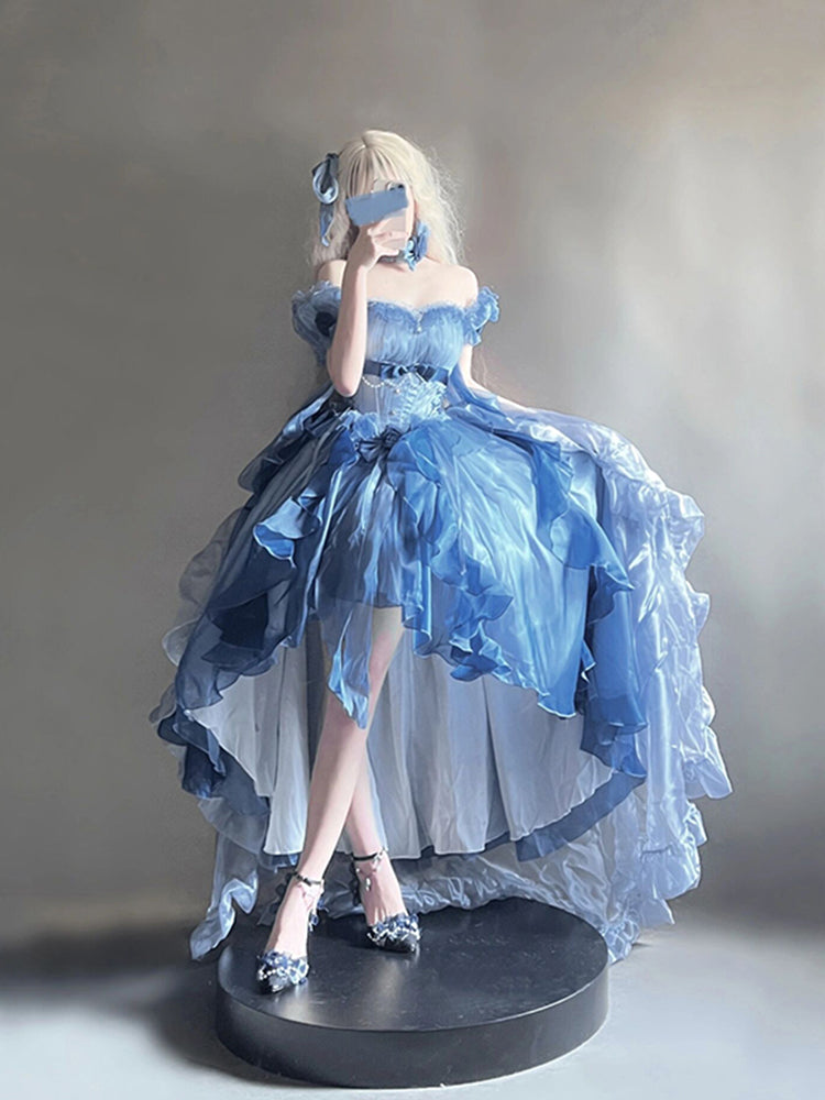 Vintage Ball Gown Off The Shoulder Half Sleeves 21st Birthday Dress Lolita Dress Blue Long Birthday Outfits DH2423