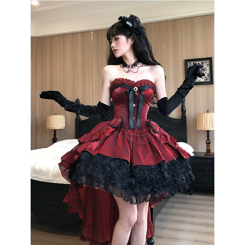 Vintage Ball Gown Sweetheart Red Black Mini Summer 16th Birthday Dress Lolita Dress Mini 18th Birthday Outfits Short Lolita Outfit DH2425