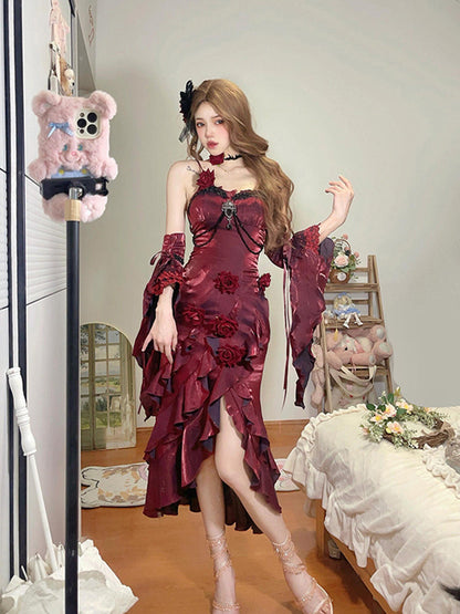 Vintage Mermaid Spaghetti Straps Burgundy Summer 18th Wine Red With Sleeves Birthday Dress Lolita Dress 16th Birthday Outfits DH2432