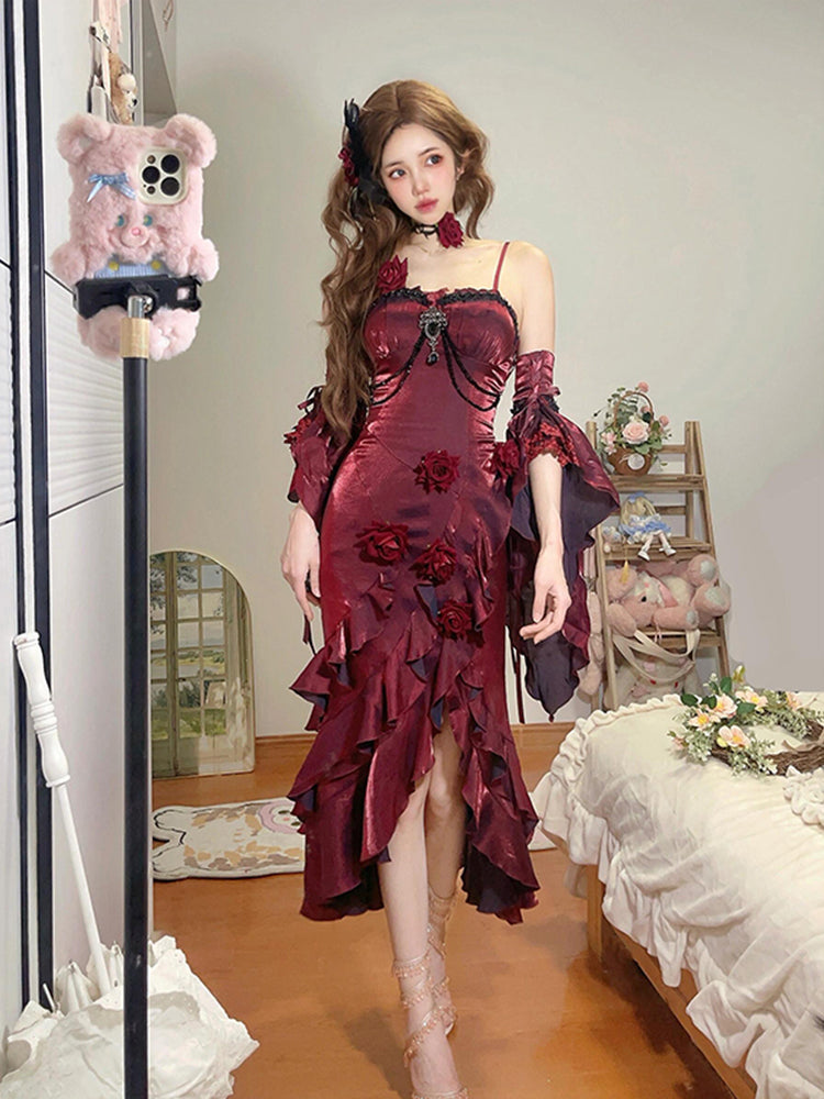 Vintage Mermaid Spaghetti Straps Burgundy Summer 18th Wine Red With Sleeves Birthday Dress Lolita Dress 16th Birthday Outfits DH2432