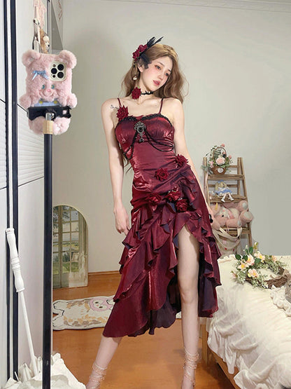 Vintage Mermaid Spaghetti Straps Burgundy Summer 18th Wine Red With Sleeves Birthday Dress Lolita Dress 16th Birthday Outfits DH2432