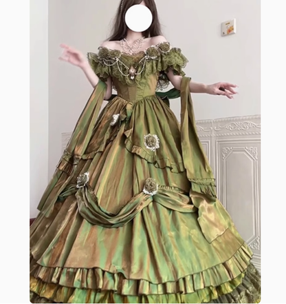 Vintage Ball Gown Off The Shoulder Green 21st Birthday Dress Lolita Dress Long Birthday Outfits DH2436