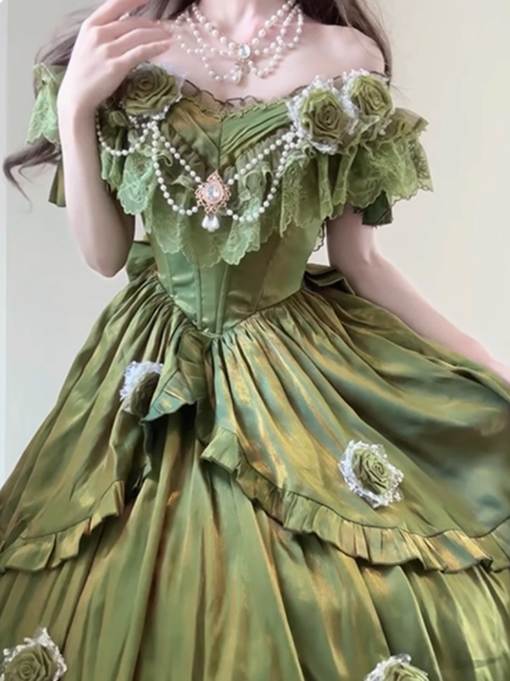 Vintage Ball Gown Off The Shoulder Green 21st Birthday Dress Lolita Dress Long Birthday Outfits DH2436