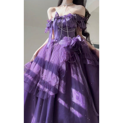 Vintage Ball Gown Off The Shoulder Grape Tulle 22th Birthday Dress Lolita Dress Long Lolita Outfits DH2441