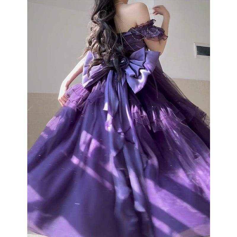 Vintage Ball Gown Off The Shoulder Grape Tulle 22th Birthday Dress Lolita Dress Long Lolita Outfits DH2441