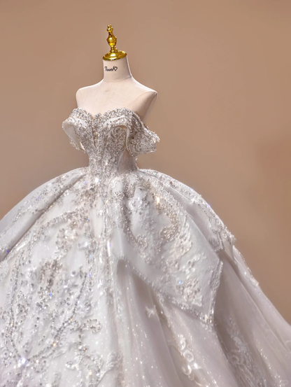 Princess Wedding Dress Ball Gown Off The Shoulder Sequin Short Sleeves Wedding Dresses Bridal Gowns DH2787