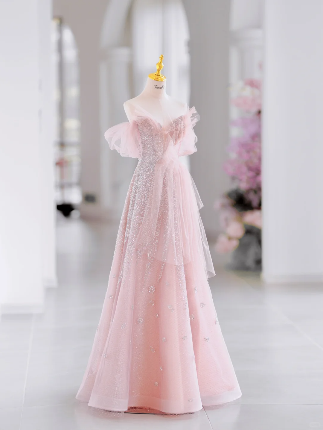 Modest A line Off The Shoulder Pink Tulle Long Evening Party Gowns Evening Dress Special Formal Dresses Prom Dress D2797