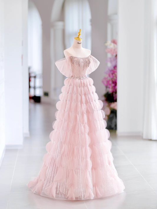 Cute Ball Gown Off The Shoulder Pink Tulle Long Evening Party Gowns Evening Dress Special Formal Dresses Prom Dress H2797