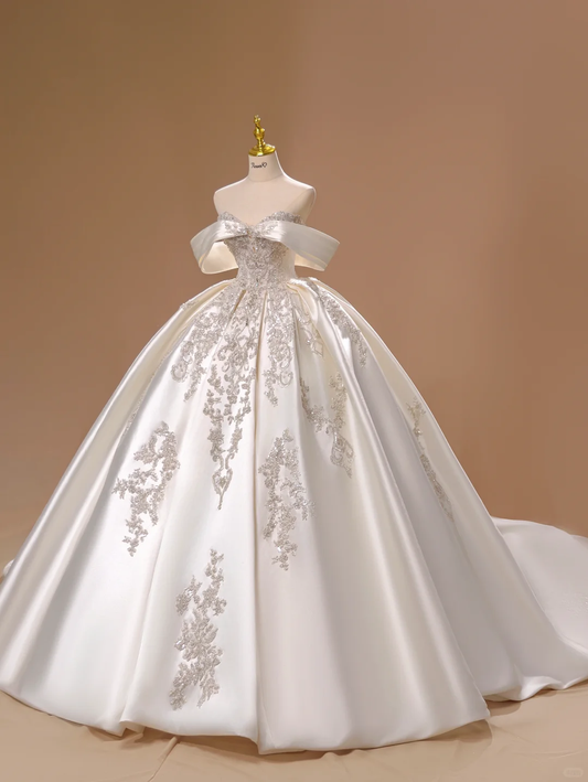 Princess Wedding Dress Ball Gown Off The Shoulder Satin Lace Short Sleeves Wedding Dresses Bridal Gowns DH2803