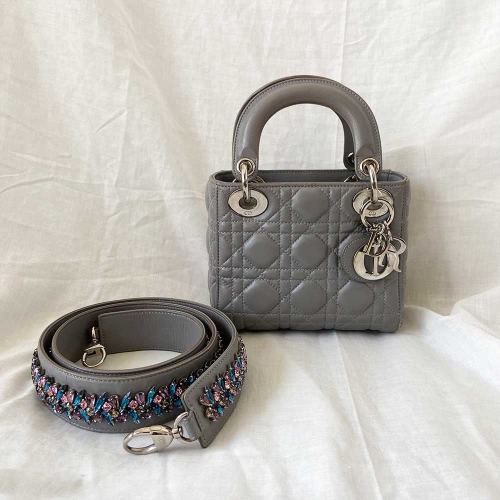 Dior Grey Cannage Leather Mini Lady Dior Tote