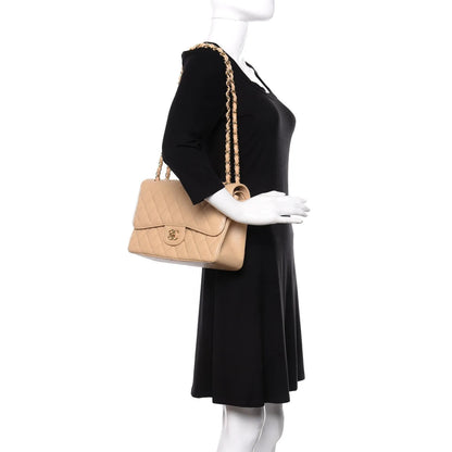 CHANEL Caviar Quilted Jumbo Double Flap Light Beige