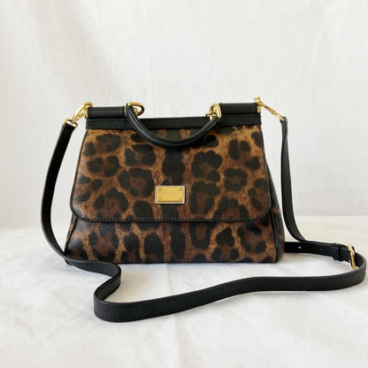 Dolce & Gabbana Leopard Print Leather Medium Miss Sicily Top Handle Bag