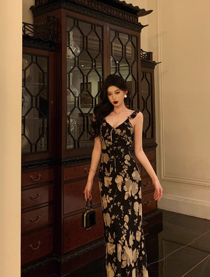 Elegant A line Black Floral Chiffon Sleeveless 21st Birthday Dress Party Gown Birthday Outfits Birthday Dress Ideas For Women DP1292