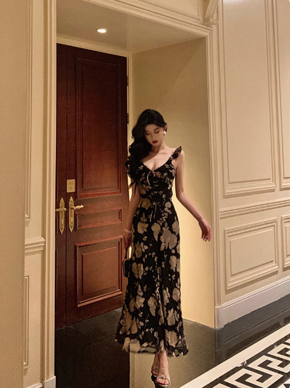 Elegant A line Black Floral Chiffon Sleeveless 21st Birthday Dress Party Gown Birthday Outfits Birthday Dress Ideas For Women DP1292