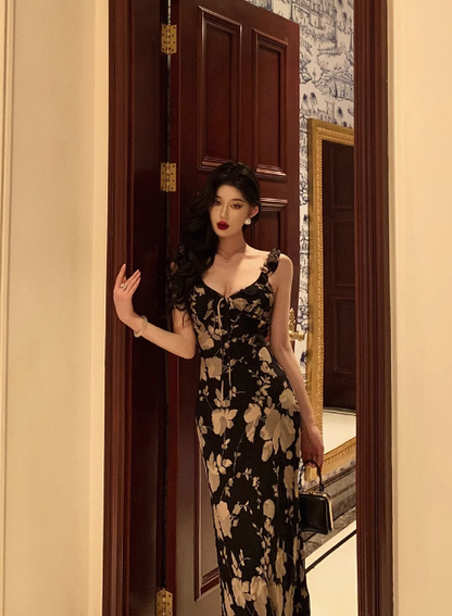 Elegant A line Black Floral Chiffon Sleeveless 21st Birthday Dress Party Gown Birthday Outfits Birthday Dress Ideas For Women DP1292