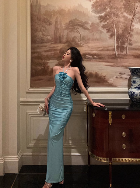 Elegant Sheath Halter Blue Sleeveless 21st Birthday Dress Party Gown Birthday Outfits Birthday Dress Ideas For Women DP1386