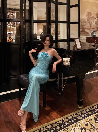 Elegant Sheath Halter Blue Sleeveless 21st Birthday Dress Party Gown Birthday Outfits Birthday Dress Ideas For Women DP1386