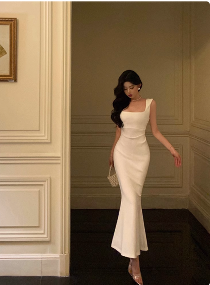 Elegant Mermaid Square Neckline White Sleeveless Burgundy 23rd Birthday Dress Party Gown Birthday Outfits Birthday Dress Ideas For Women DP1390