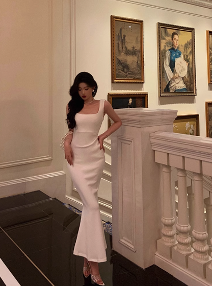 Elegant Mermaid Square Neckline White Sleeveless Burgundy 23rd Birthday Dress Party Gown Birthday Outfits Birthday Dress Ideas For Women DP1390