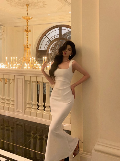 Elegant Mermaid Square Neckline White Sleeveless Burgundy 23rd Birthday Dress Party Gown Birthday Outfits Birthday Dress Ideas For Women DP1390