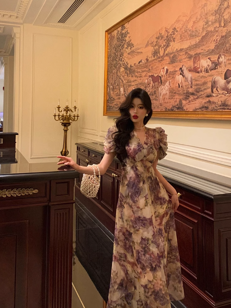 Elegant A line Square Neckline Floral Grape 21st Birthday Dress Party Gown Birthday Outfits Birthday Dress Ideas For Women DP1391