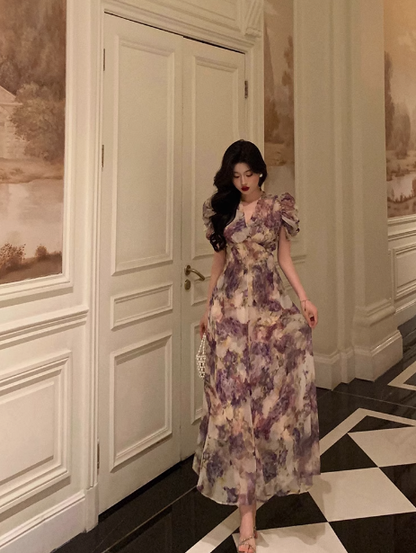 Elegant A line Square Neckline Floral Grape 21st Birthday Dress Party Gown Birthday Outfits Birthday Dress Ideas For Women DP1391