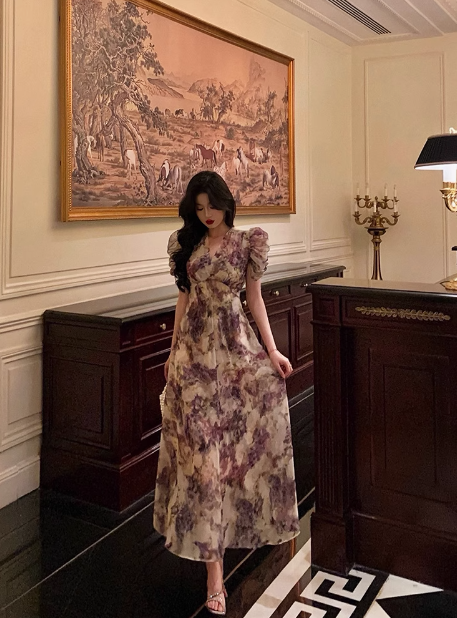 Elegant A line Square Neckline Floral Grape 21st Birthday Dress Party Gown Birthday Outfits Birthday Dress Ideas For Women DP1391