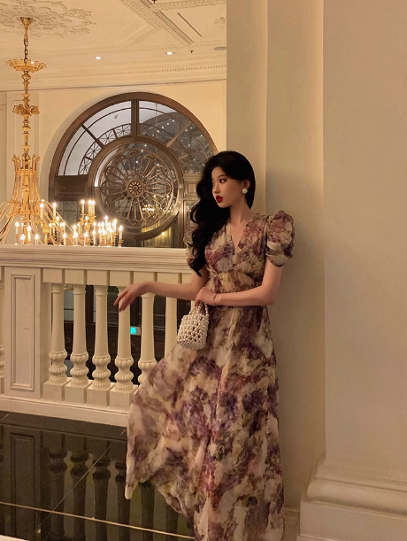 Elegant A line Square Neckline Floral Grape 21st Birthday Dress Party Gown Birthday Outfits Birthday Dress Ideas For Women DP1391