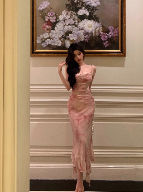 Elegant Mermaid Spaghetti Straps Pink Floral Sleeveless 21st Birthday Dress Party Gown Birthday Outfits Birthday Dress Ideas For Women DP1394