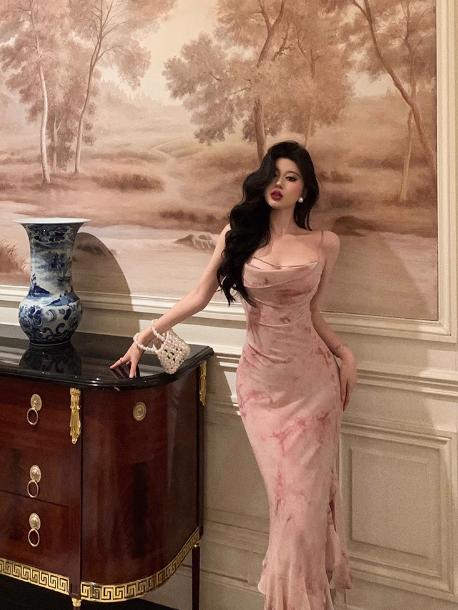 Elegant Mermaid Spaghetti Straps Pink Floral Sleeveless 21st Birthday Dress Party Gown Birthday Outfits Birthday Dress Ideas For Women DP1394