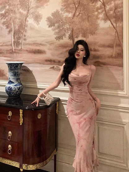 Elegant Mermaid Spaghetti Straps Pink Floral Sleeveless 21st Birthday Dress Party Gown Birthday Outfits Birthday Dress Ideas For Women DP1394