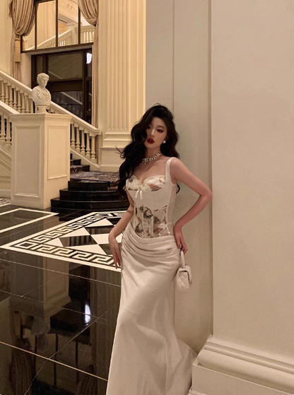 Elegant Mermaid 2 Pieces White Satin Sleeveless 21st Birthday Dresses Evening Gown Birthday Outfits Birthday Dress Ideas For Women DP1423