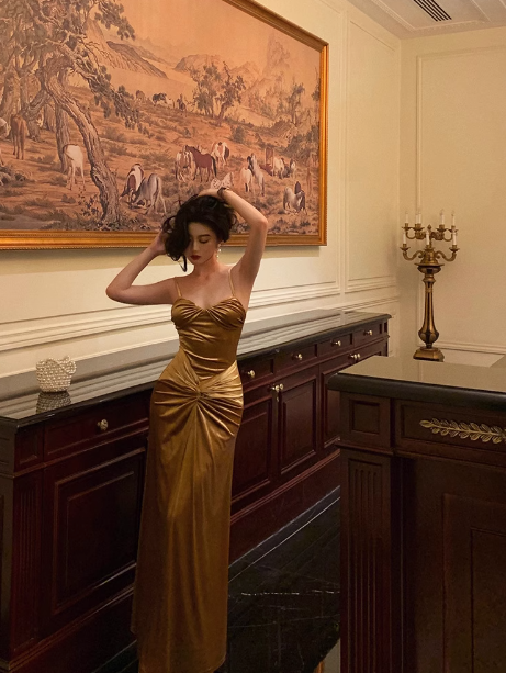 Elegant Mermaid Gold Satin 21st Birthday Dress Party Gown Birthday Outfits Birthday Dress Ideas For Women DP1450