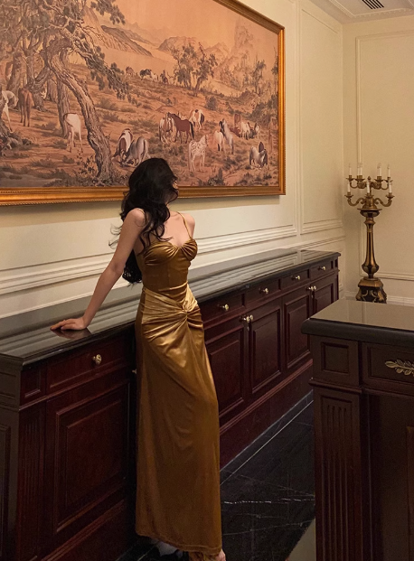 Elegant Mermaid Gold Satin 21st Birthday Dress Party Gown Birthday Outfits Birthday Dress Ideas For Women DP1450