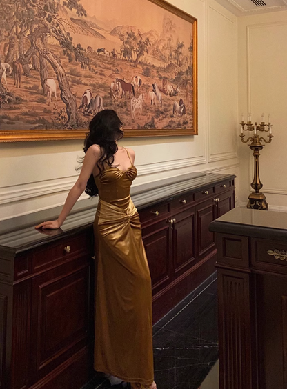 Elegant Mermaid Gold Satin 21st Birthday Dress Party Gown Birthday Outfits Birthday Dress Ideas For Women DP1450