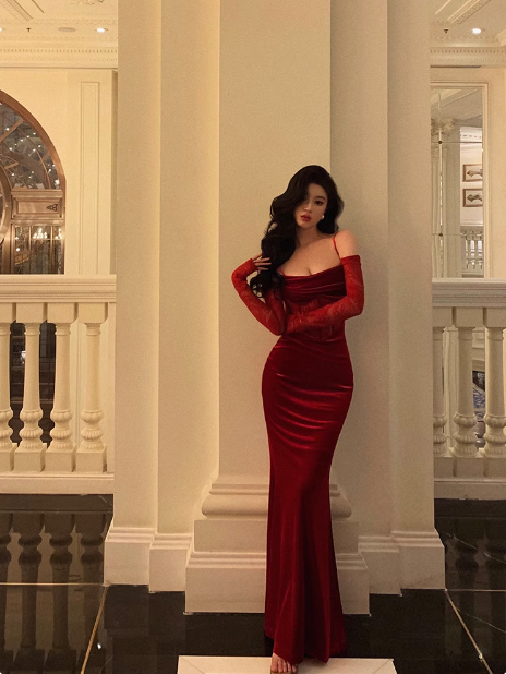 Elegant Mermaid Spaghetti Straps Red Lace 21st Birthday Dress Party Gown Birthday Outfits Birthday Dress Ideas For Women DP1452