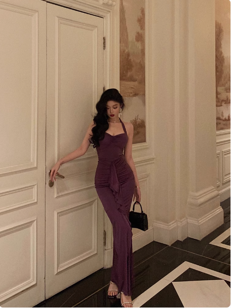 Elegant Mermaid Halter Grape Sleeveless 23rd Birthday Dress Party Gown Birthday Outfits Birthday Dress Ideas For Women DP1465