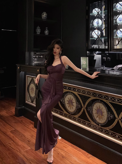 Elegant Mermaid Halter Grape Sleeveless 23rd Birthday Dress Party Gown Birthday Outfits Birthday Dress Ideas For Women DP1465