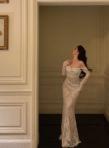 Elegant Mermaid Off The Shoulder White Lace Long Sleeves Burgundy 23rd Birthday Dress Party Gown Birthday Outfits Birthday Dress Ideas For Women DP1477